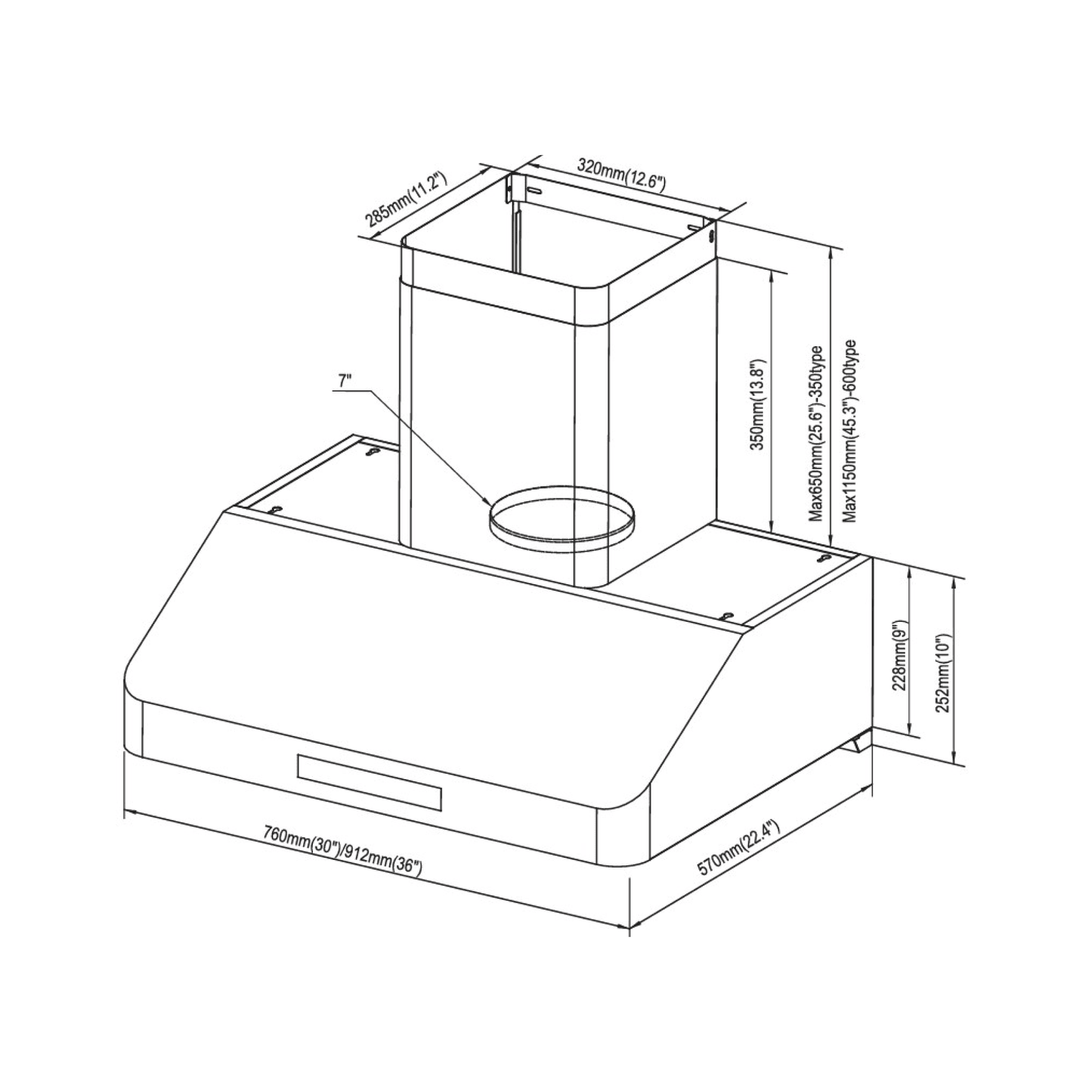 Sakura B-51 30" / 36" Range hood - Wall Mount Chimney
